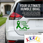 “Living Liver Donor" vinyl car window decal, green, 12‑inch width, die‑cut with no background