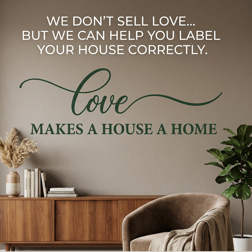 “Love Makes a House a Home" vinyl wall decal in matte black, 40×10, applied to smooth painted wall”