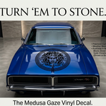 Blue car with black Medusa head Vinyl decal die-cut 29"x 29"