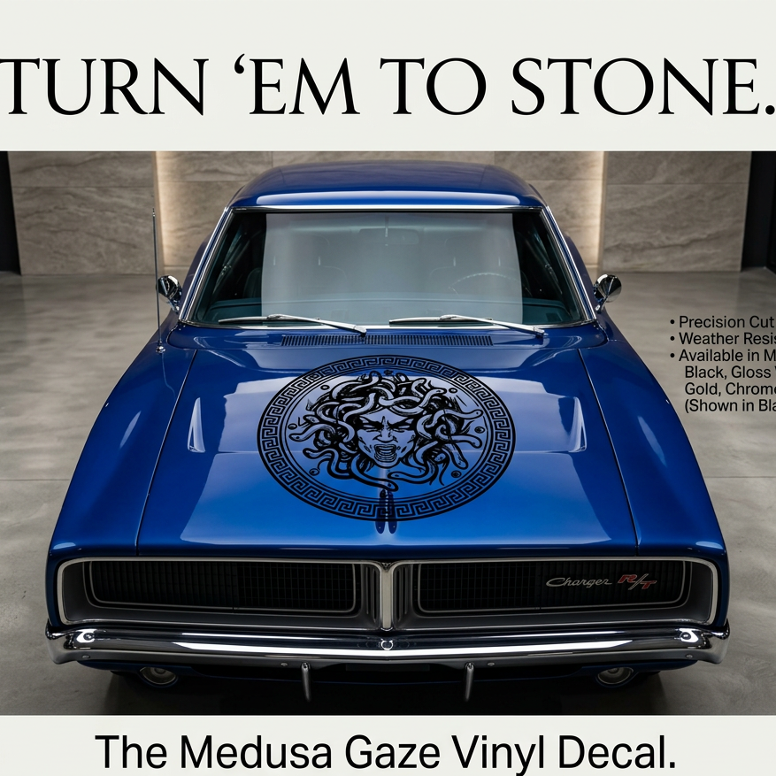 Blue car with black Medusa head Vinyl decal die-cut 29"x 29"