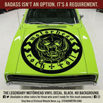 Motörhead Warpig (Snaggletooth) vinyl decal in black, featuring the iconic fanged skull with tusks, spikes, and chains, precision-cut with no background for application on vehicles, windows, or smooth surfaces.