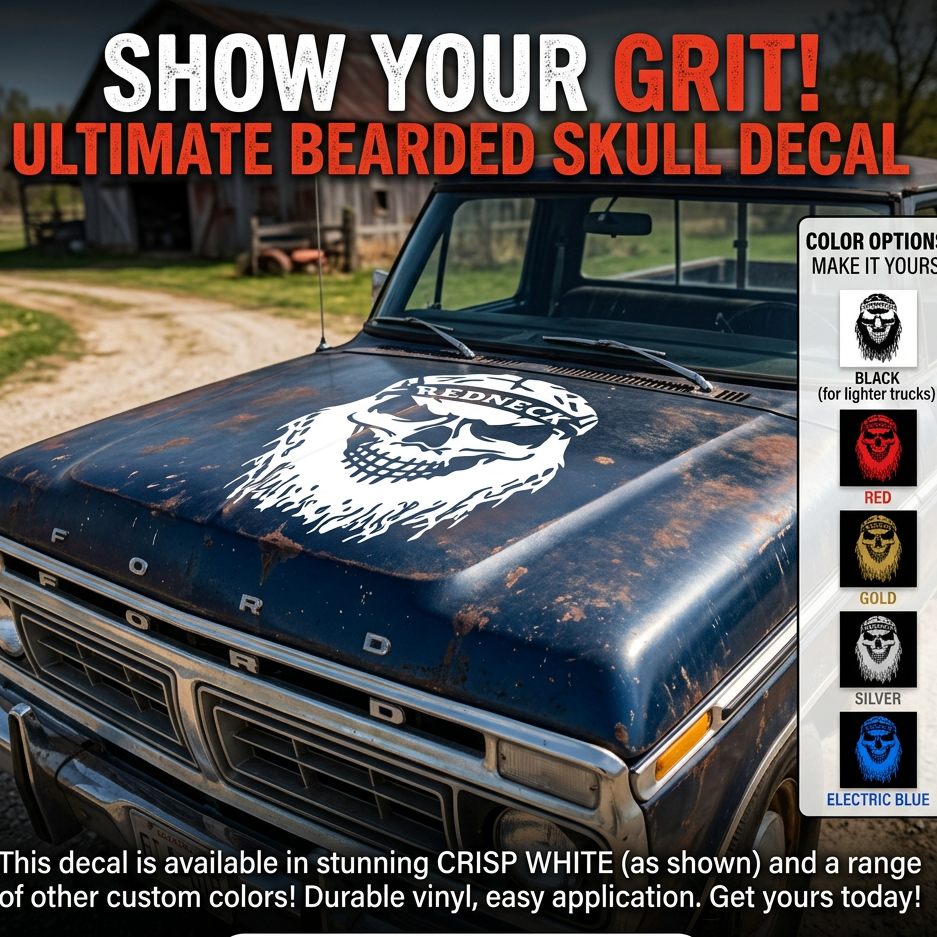 “Redneck Skull vinyl car window decal, white, 9‑inch width, die‑cut with no background on tinted rear glass”