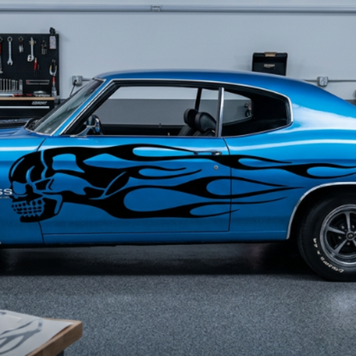 “Black matte skull + flames vehicle decals, 80×20 in pair, mirrored left/right, high‑contrast on light paint”