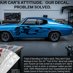 “Black matte skull + flames vehicle decals, 80×20 in pair, mirrored left/right, high‑contrast on light paint”