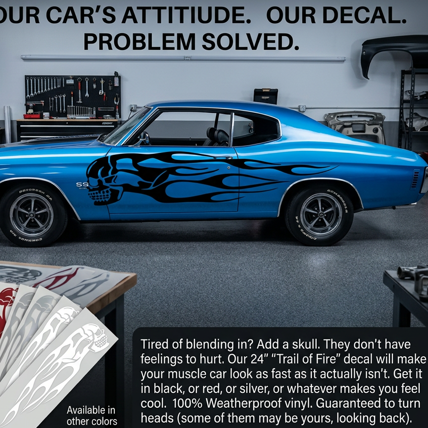 “Black matte skull + flames vehicle decals, 80×20 in pair, mirrored left/right, high‑contrast on light paint”