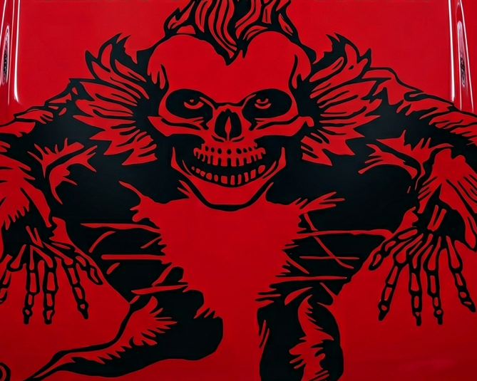 “Black Skull Evil Jester square wall/car decal, 29×29, high‑contrast silhouette on hood”