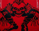 “Black Skull Evil Jester square wall/car decal, 29×29, high‑contrast silhouette on hood”