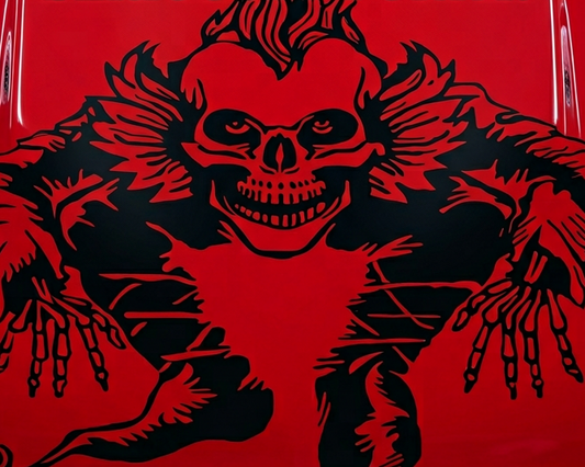 “Black Skull Evil Jester square wall/car decal, 29×29, high‑contrast silhouette on hood”