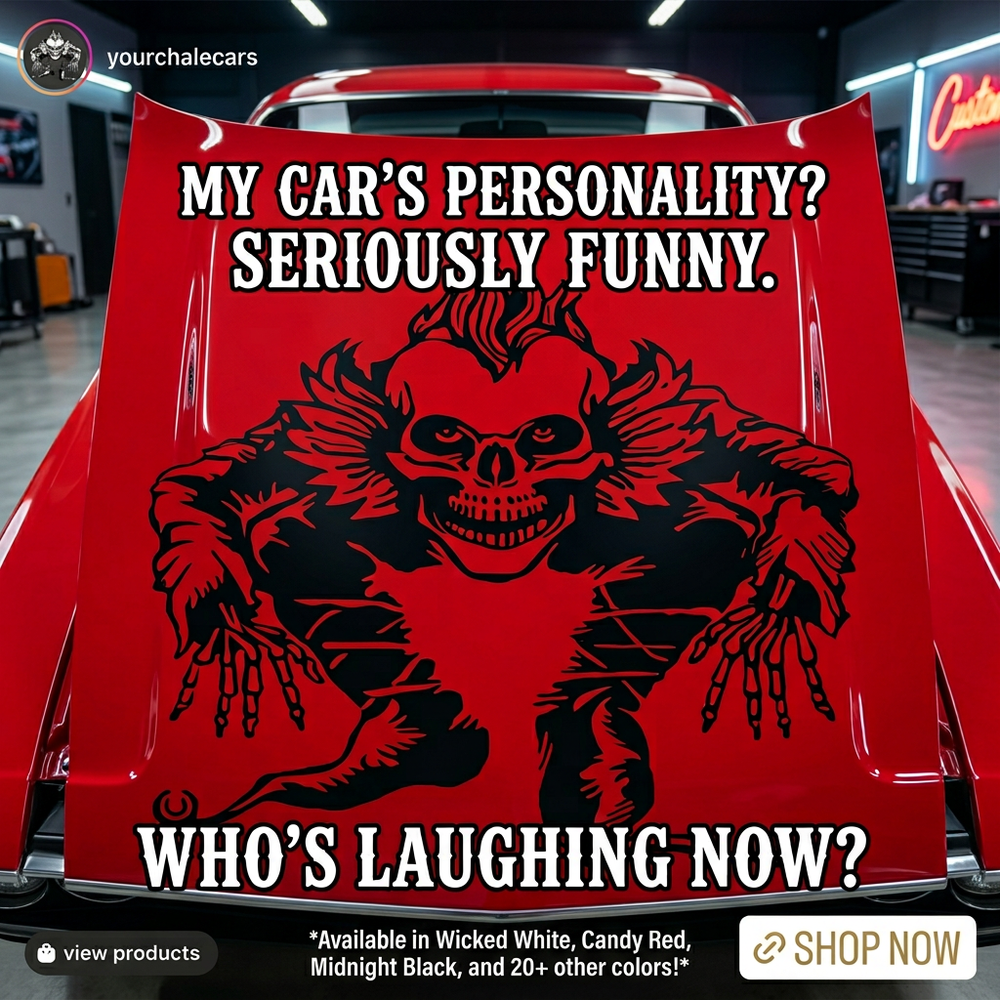 “Black Skull Evil Jester square wall/car decal, 29×29, high‑contrast silhouette on hood”