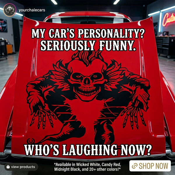 “Black Skull Evil Jester square wall/car decal, 29×29, high‑contrast silhouette on hood”
