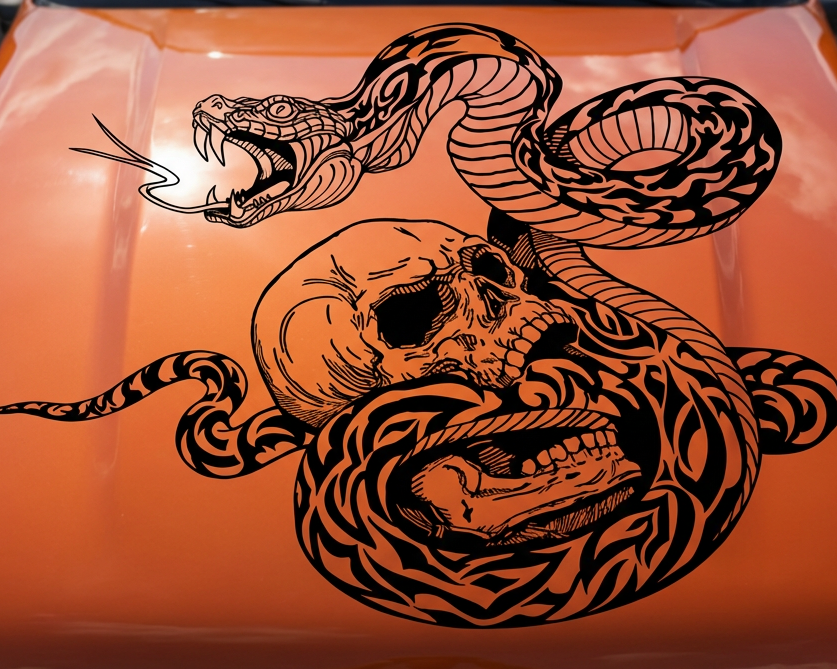 Black matte Skull with Tribal Snake hood/wall decal, 37×29 in, high‑contrast silhouette on vehicle