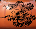 Black matte Skull with Tribal Snake hood/wall decal, 37×29 in, high‑contrast silhouette on vehicle