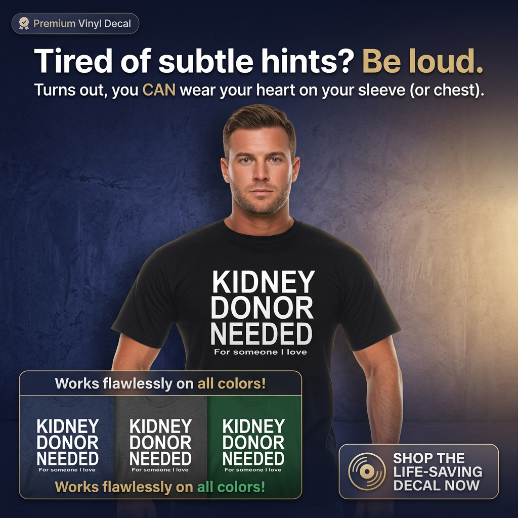 Kidney Donor Needed unisex graphic t‑shirt, black with white HTV text, front view