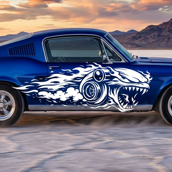 Turbo Shark die-cut vinyl decal on side of vehicle, many sizes and colors