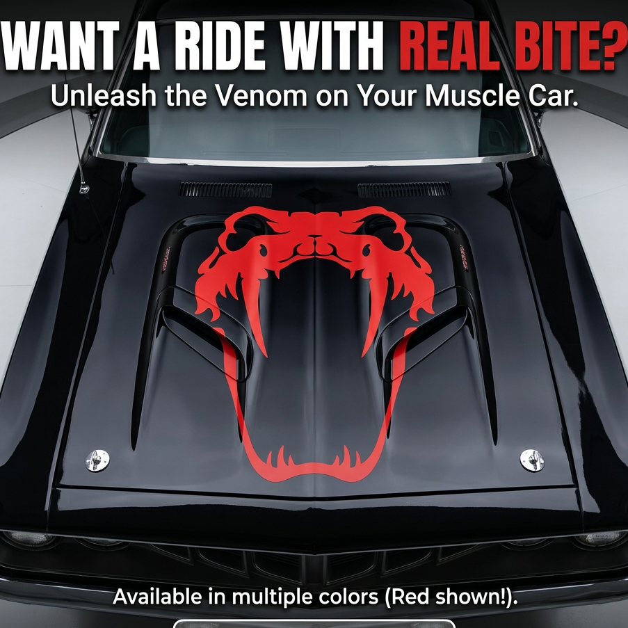 “Viper snake vinyl hood/side car decal, red, large size, die‑cut with no background on black hood”