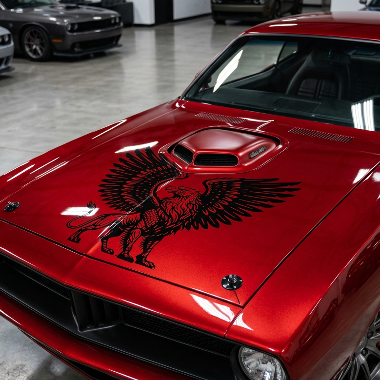 Large black griffin vinyl decal with spread wings applied to the hood of a red car, featuring a detailed eagle and lion hybrid design