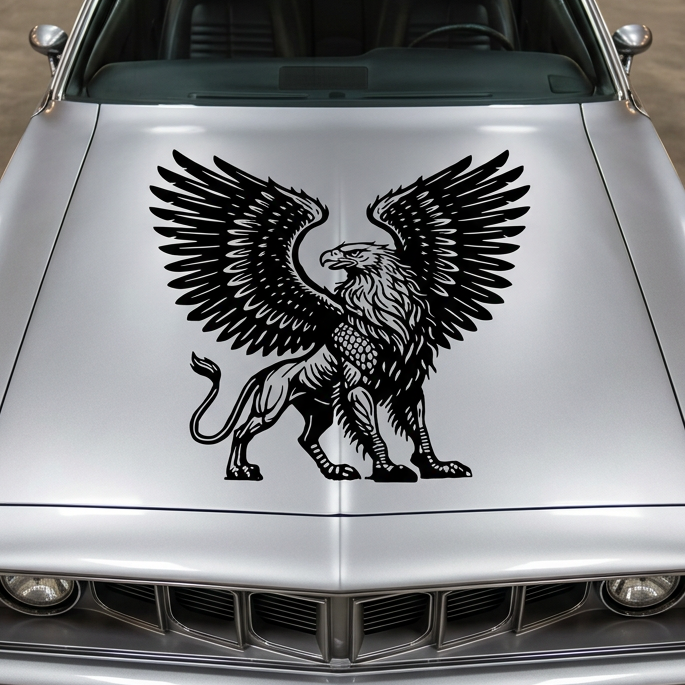 Large black Griffin vinyl decal with spread wings applied to the hood of a silver car, featuring a detailed eagle and lion hybrid design