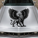 Large black Griffin vinyl decal with spread wings applied to the hood of a silver car, featuring a detailed eagle and lion hybrid design