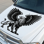Large black griffin vinyl decal with spread wings applied to the hood of a white truck, featuring a detailed eagle and lion hybrid design