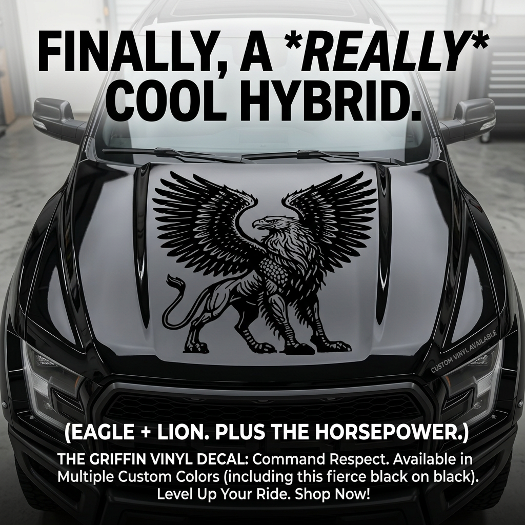 Large black griffin vinyl decal with spread wings applied to the hood of a black truck, featuring a detailed eagle and lion hybrid design