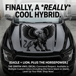Large black griffin vinyl decal with spread wings applied to the hood of a black truck, featuring a detailed eagle and lion hybrid design