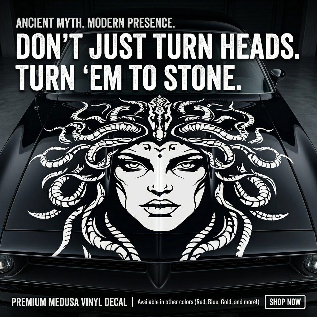 Image of Medusa using die-cut vinyl in white, 29" x29" on car hood