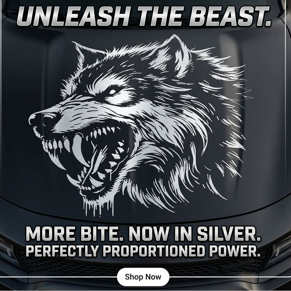 “White werewolf vinyl car decal on HOOD 23 X 23 