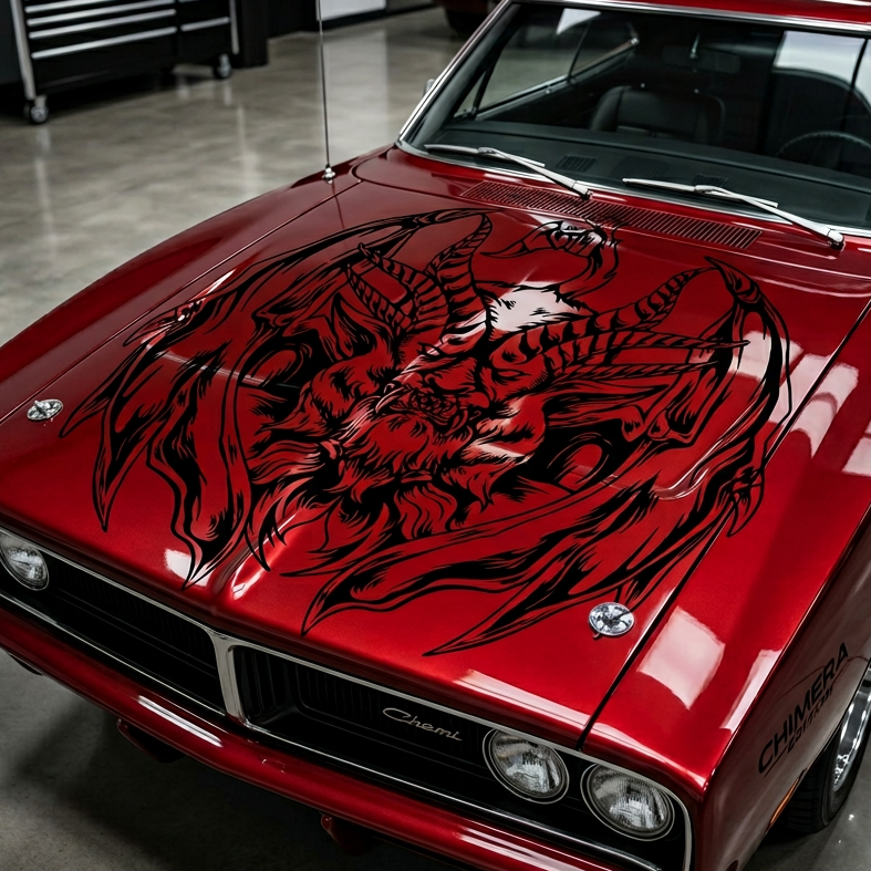 Muscle car with a large black chimera creature decal featuring lion, goat, and serpent elements displayed across the hood

