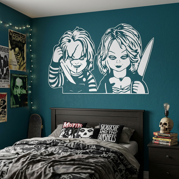 Chucky and Tiffany vinyl decal in white vinyl on a teenager's bedroom wall.