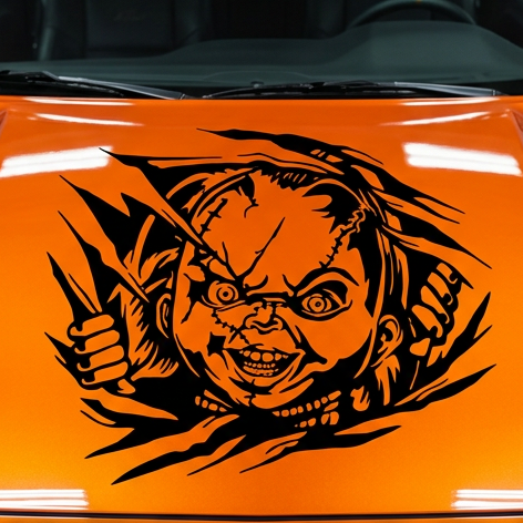 “Black matte Chucky‑inspired decal, 34×29, die‑cut with no background”
