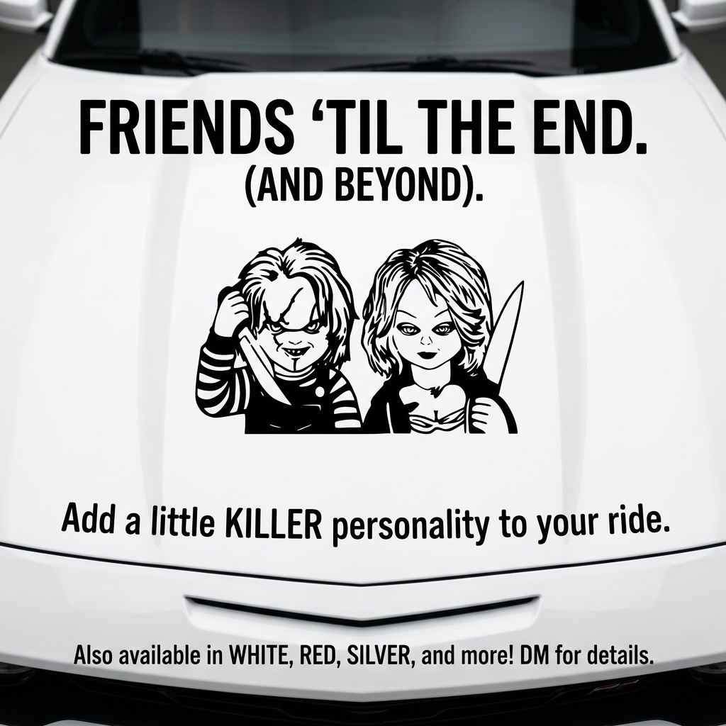 Chucky & Bride–inspired horror couple vinyl decal, white, 24×38 on rear window