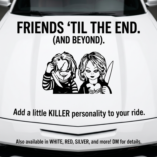 Chucky & Bride–inspired horror couple vinyl decal, white, 24×38 on rear window