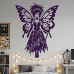 Bedroom wall with a large purple gothic fairy butterfly vinyl decal applied to the wall, featuring a bold fantasy design.