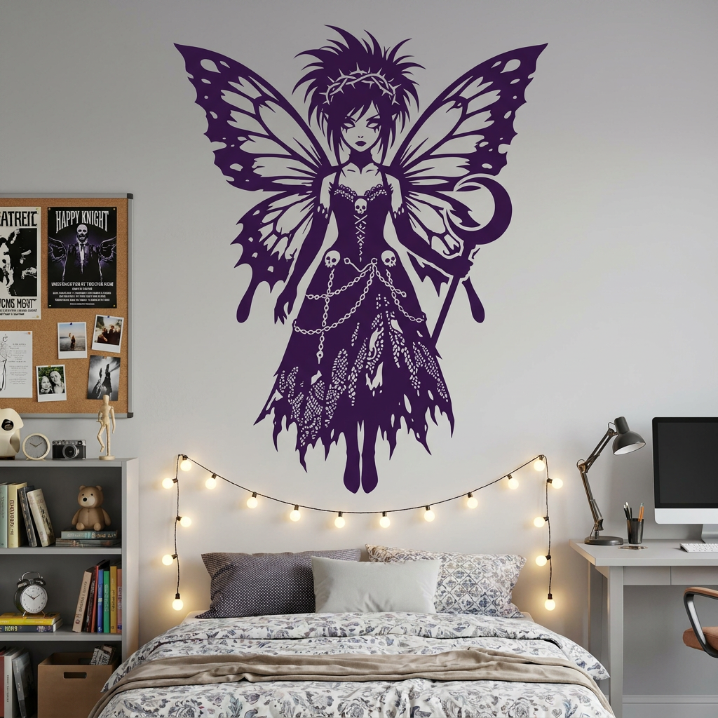 Purple fairy wall decal on a bedroom wall with string lights and furniture.