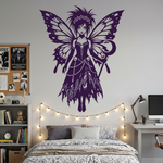 Purple fairy wall decal on a bedroom wall with string lights and furniture.