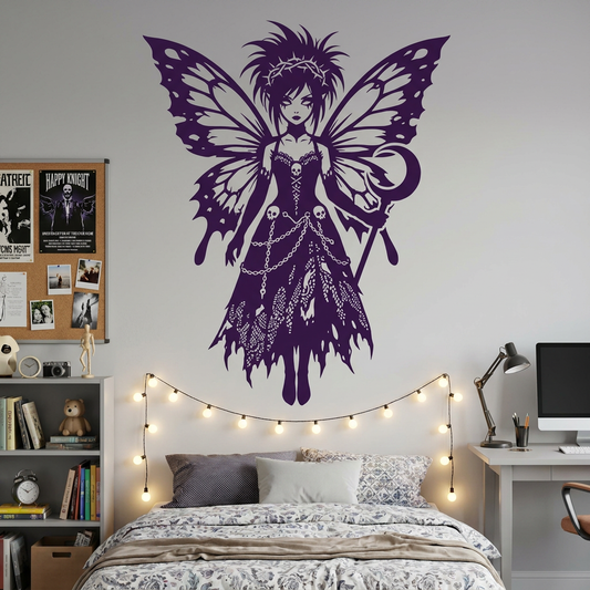 Purple fairy wall decal on a bedroom wall with string lights and furniture.