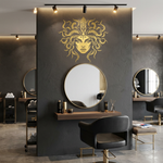 Image of Medusa using die-cut vinyl in gold, 29" x29" in hair salon setting