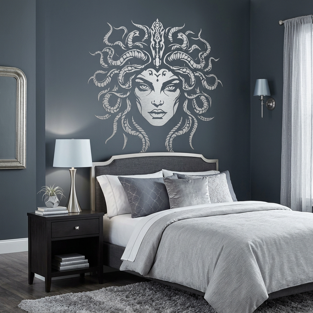 Image of Medusa using die-cut vinyl in White, 29" x29" on bedroom wall