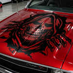 “Black matte Skull Reaper hood/wall decal, 26×29, high‑contrast silhouette on smooth painted surface”
