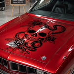 Black matte Skull + Snake + Flowers hood/wall decal, 37×29 in, high‑contrast silhouette on car