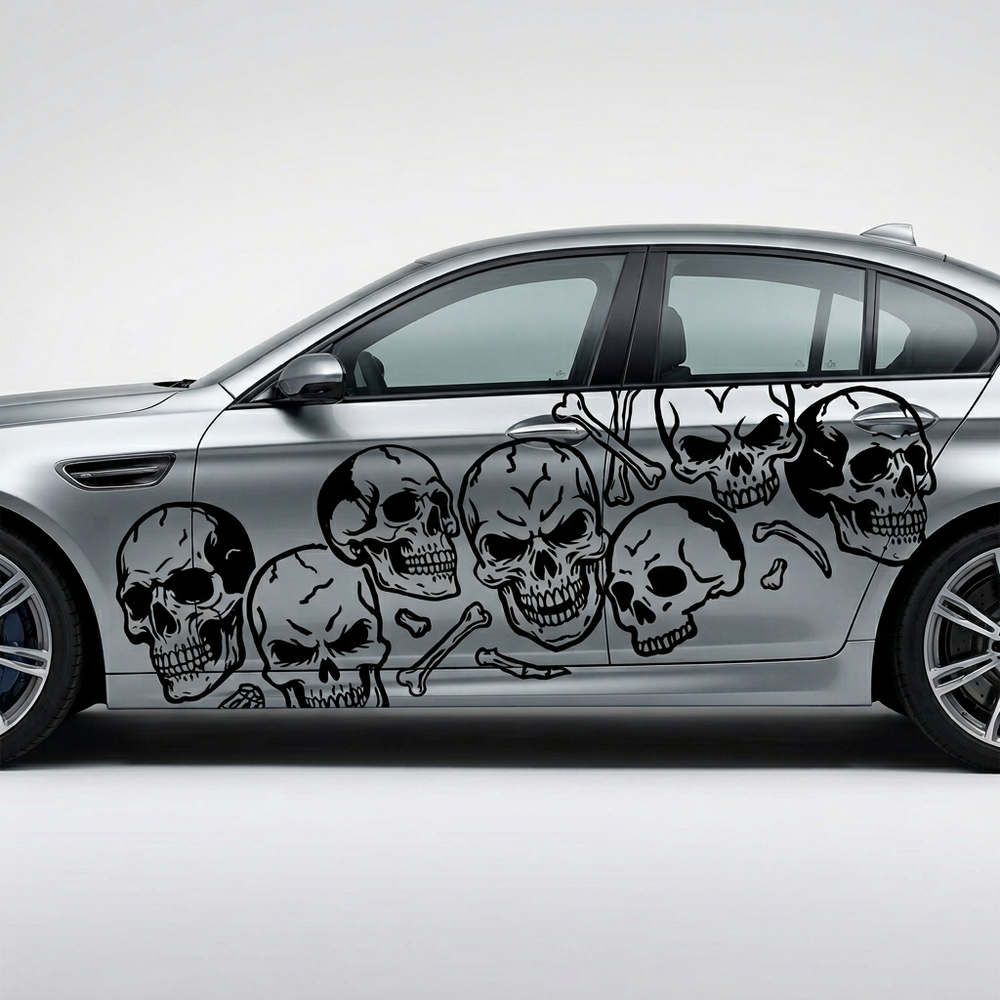 Skulls and bones vinyl decal in black on silver car, large size