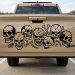 Skulls and bones vinyl decal in black on tan pick up truck, large size