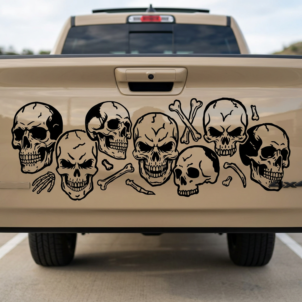 Skulls and bones vinyl decal in black on tan pick up truck, large size