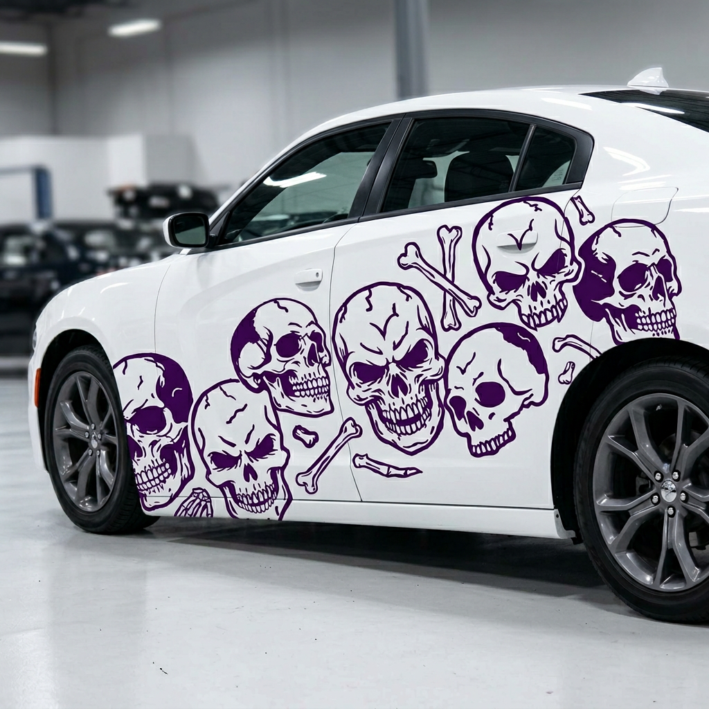 Skulls and bones vinyl decal in purple on white car, large size
