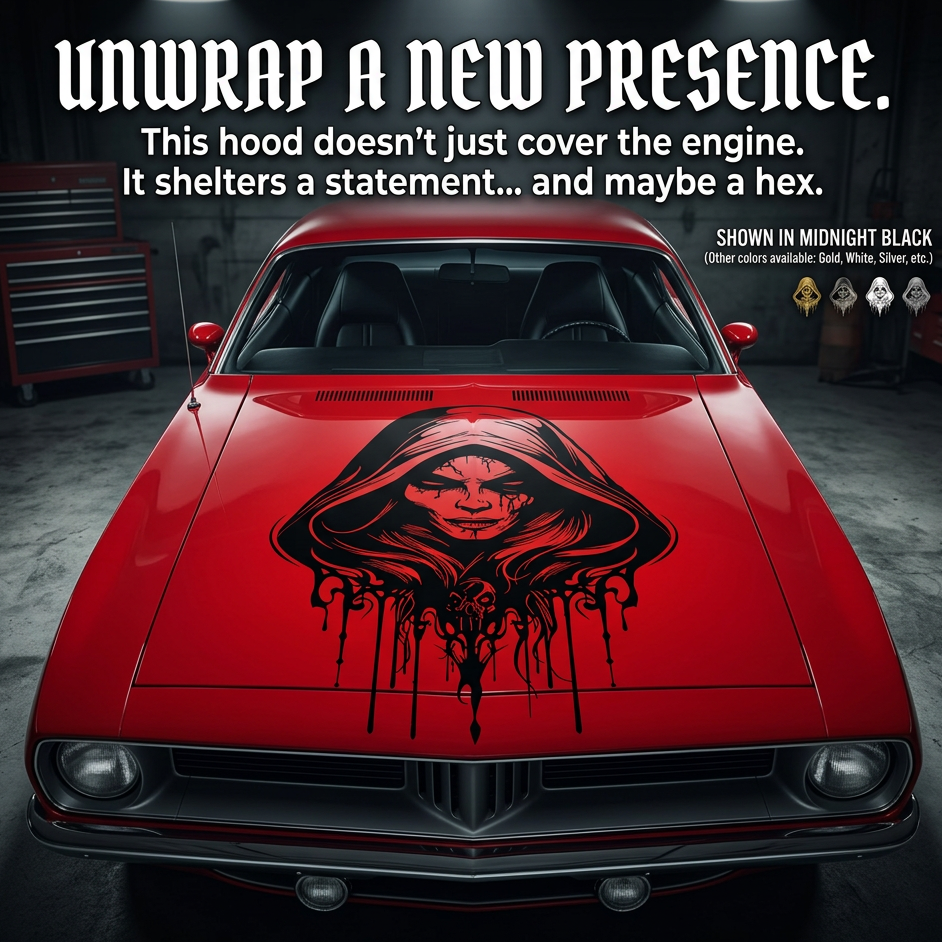 Witch die-cut vinyl decal on red muscla car  40" x28.5"