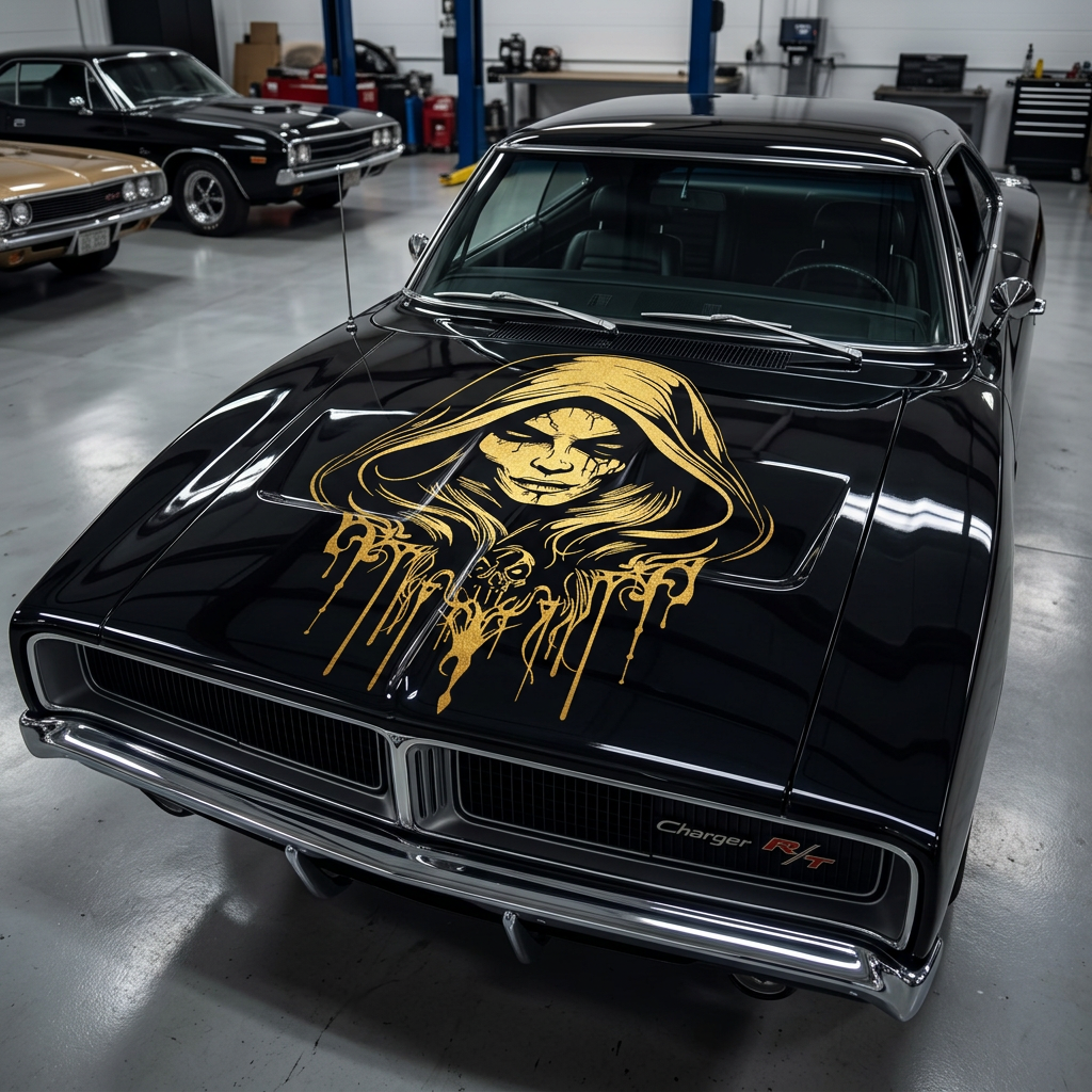 Witch die-cut vinyl decal on orange muscla car  40" x 28.5"