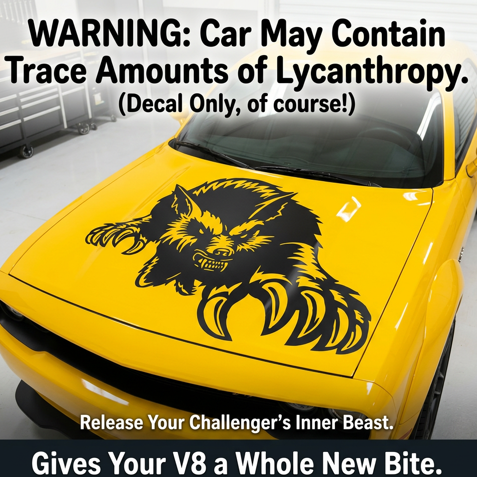 Yellow car with a black werrewolf  vinyl decal. Multiple sizes