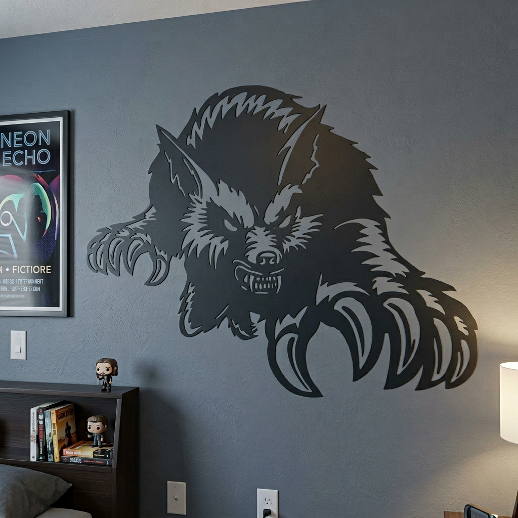 bedroom wall with a black werrewolf  vinyl decal. Multiple sizes