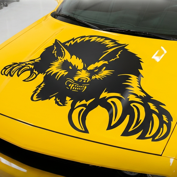 Yellow car with a black werrewolf  vinyl decal> Multiple sizes