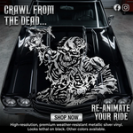 “Zombie graphic vinyl decal, white, applied on white car door; single‑color, high‑contrast design”